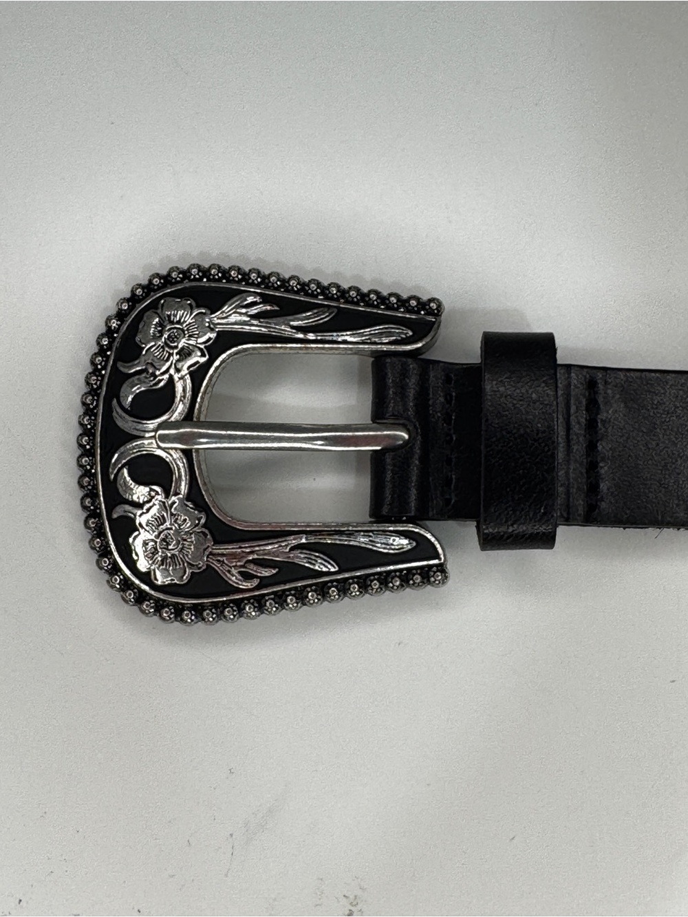 Zara Black Leather Belt with Decorative Silver Floral Buckle